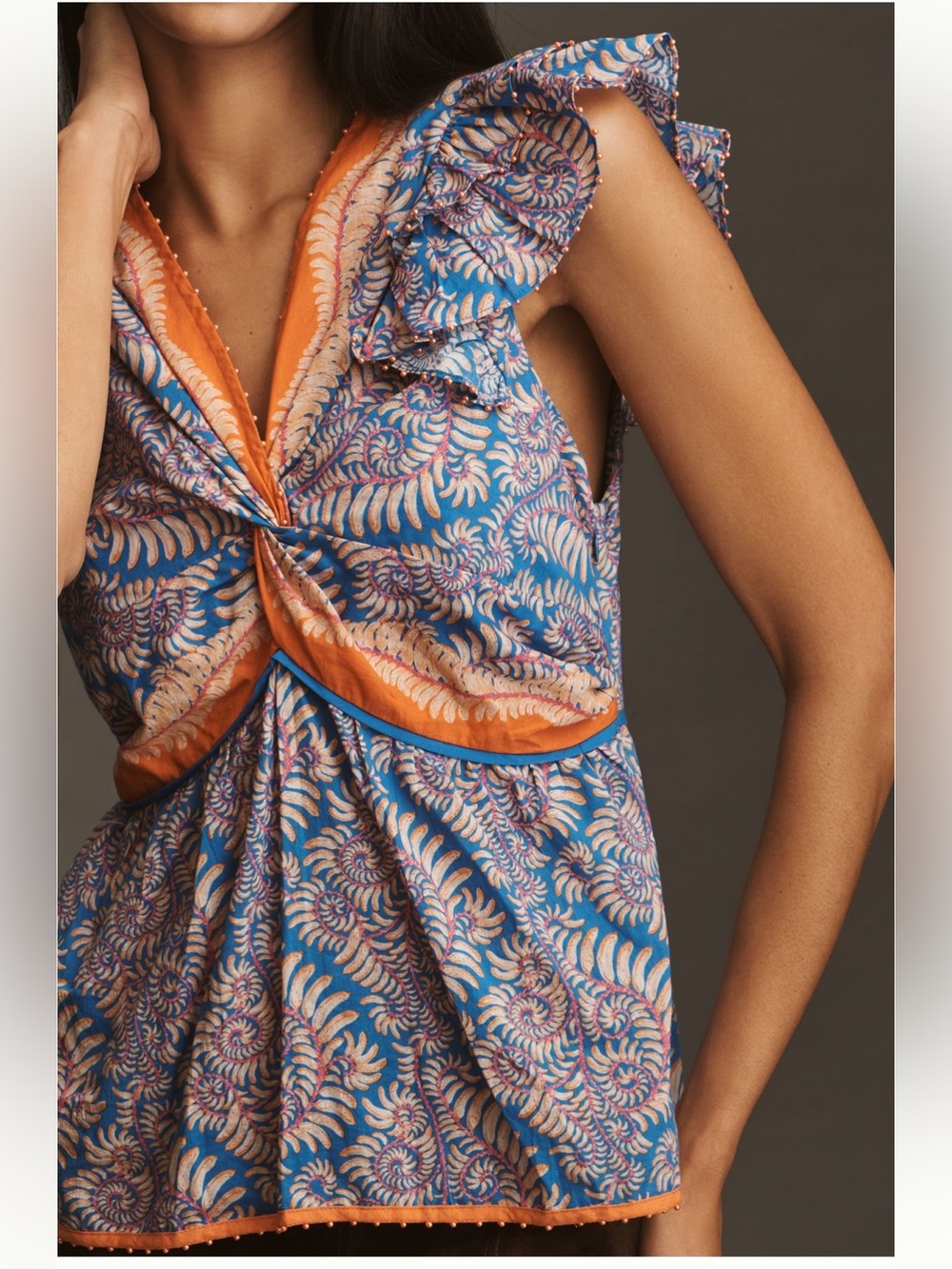 NWT Farm Rio Blue & Orange Floral Flutter Sleeve 100% Cotton V-Neck Top Size L